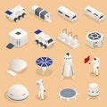 Isometric set of icons Space Equipment and Vehicles of space exploration with rockets artificial satellites, planets Royalty Free Stock Photo