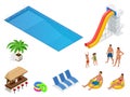 Isometric set icons of Summer water park holiday . Swimming pool and water slides. Vector illustration isolated on white Royalty Free Stock Photo