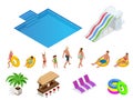 Isometric set icons of Summer water park holiday . Swimming pool and water slides. Vector illustration isolated on white Royalty Free Stock Photo