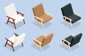 Isometric set of icons wooden comfortable armchair in white, brown and black colors.