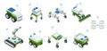 Isometric set of iot smart industry robot 4.0, robots in agriculture, farming robot, robot greenhouse. Agriculture smart