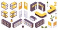 Isometric set of items for 3d hotel lobby, hostel. bunk bed, drawers for clothes, lobby, door, lockers