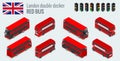 Isometric set of London double decker Red bus. United Kingdom vehicle icon set. Royalty Free Stock Photo