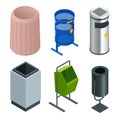 Isometric set of metal basket bin for waste paper in office. Empty trash, clean garbage bin. Vector illustration