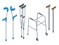 Isometric set of mobility aids including a wheelchair, walker, crutches, quad cane, and forearm crutches. Vector Royalty Free Stock Photo