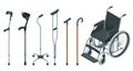 Isometric set of mobility aids including a wheelchair, walker, crutches, quad cane, and forearm crutches. Flat