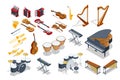 Isometric set of music instrument Cello, Clarinet, trombone, piano, Xylophone. Musical instruments isolated under a