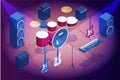 Isometric set of musical instrument Synthesizer analog sound, Drum kit with drums and cymbals and Acoustic and Electric Royalty Free Stock Photo