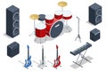 Isometric set of musical instrument Synthesizer analog sound, Drum kit with drums and cymbals and Acoustic and Electric Royalty Free Stock Photo