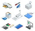 Isometric set of office tools. Vector icons illustration stapler, laminator, binder, office knife, multifunctional