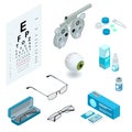 Isometric set of Ophthalmology and eye care icons. Medical health equipment. Check eyesight for eyeglasses diopter.