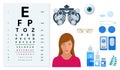 Isometric set of Ophthalmology and eye care icons. Medical helth equipment. Check eyesight for eyeglasses diopter. Royalty Free Stock Photo