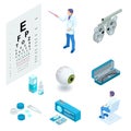 Isometric set of Ophthalmology and eye care icons. Medical helth equipment. Check eyesight for eyeglasses diopter. Royalty Free Stock Photo