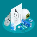 Isometric set of Ophthalmology and eye care icons. Medical helth equipment. Check eyesight for eyeglasses diopter. Royalty Free Stock Photo