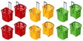 Isometric Set of plastic shopping baskets on white background. Red, yellow, blue, green plastic shopping baskets Royalty Free Stock Photo