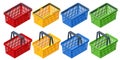 Isometric Set of plastic shopping baskets on white background. Red, yellow, blue, green plastic shopping baskets Royalty Free Stock Photo