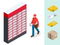 Isometric set of Post Office, Postman, envelope, mailbox and other attributes of postal service, point of correspondence Royalty Free Stock Photo