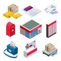 Isometric set of Post Office, Postman, envelope, mailbox and other attributes of postal service, point of correspondence