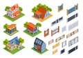 Isometric set of private houses and fence elements isolated vector Royalty Free Stock Photo