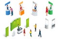 Isometric set of Promotion Stands on a white background. Vector exhibition or trade show booth Royalty Free Stock Photo