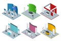 Isometric set of promotional stands or exhibition stands including display desks shelves and handout