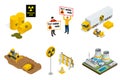 Isometric set of Radioactive waste elements. People protest, barrels, transportation, power station or reactors, tractor