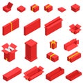 Isometric set of red cardboard box isolated with yellow ribbon on white background. Isoleted vector illustration. Open Royalty Free Stock Photo