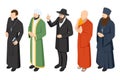 Isometric Set of religion people. Catholic Priest, buddhist monk, christian priests, patriarchs, rabbi judaist, muslim Royalty Free Stock Photo