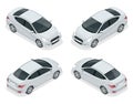 Isometric set of Sedan Cars. Compact Hybrid Vehicle. Eco-friendly hi-tech auto. Isolated car, template for branding and