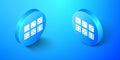 Isometric Set of six dices icon isolated on blue background. Blue circle button. Vector
