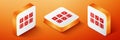 Isometric Set of six dices icon isolated on orange background. Orange square button. Vector