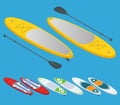Isometric set of Stand up paddle surfing and stand up paddle boarding isolated on white Water sport concept. Active