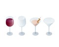 Isometric set of transparent Glass Goblets. Drinks of Red Wine and Olive Martini Cocktail Royalty Free Stock Photo