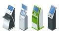 Isometric set vector online payment systems and self-service payments terminals, debit credit card and cash receipt. NFC