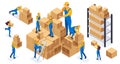 Isometric set of warehouse employees who fold boxes, ship goods, help each other