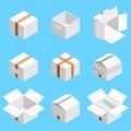 Isometric set of white cardboard box isolated on cian background. Isoleted vector illustration. Open and close empty