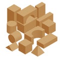 Isometric set of the wooden constructor of small cubes, triangles, balls and other forms isolated on a white background