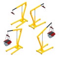 Isometric set of yellow garage crane or auto service lift for the car engine. Car maintenance vehicles diagnostics and