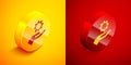 Isometric Settings in the hand icon isolated on orange and red background. Circle button. Vector Illustration.
