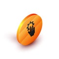 Isometric Settings in the hand icon isolated on white background. Orange circle button. Vector