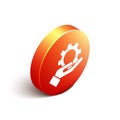 Isometric Settings in the hand icon isolated on white background. Orange circle button. Vector Illustration