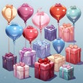 isometric several giftboxs with balloon, Generated AI