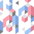 Isometric shapes design background with grey, blue and pink colo