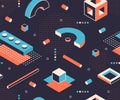 Isometric shapes pattern. Geometric minimal background, abstract construction graphic elements. Vector isometric poster