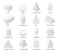 Isometric shapes. White isolated geometric objects, math templates for school studying and abstract design. Cube, prism