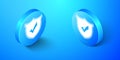 Isometric Shield with check mark icon isolated on blue background. Protection symbol. Security check Icon. Tick mark