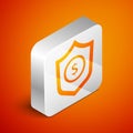 Isometric Shield with dollar symbol icon isolated on orange background. Security shield protection. Money security Royalty Free Stock Photo