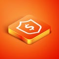 Isometric Shield with dollar symbol icon isolated on orange background. Security shield protection. Money security Royalty Free Stock Photo