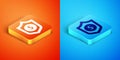 Isometric Shield with dollar symbol icon isolated on orange and blue background. Security shield protection. Money Royalty Free Stock Photo