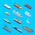 Isometric 12 ship detailed web vector icon set. Flat 3d isometry nautical naval civil military travel transport collection. Tanker Royalty Free Stock Photo